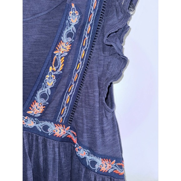Free people blue embroidered v neck ruffle cap sleeve tunic top oversized small - Picture 2 of 7
